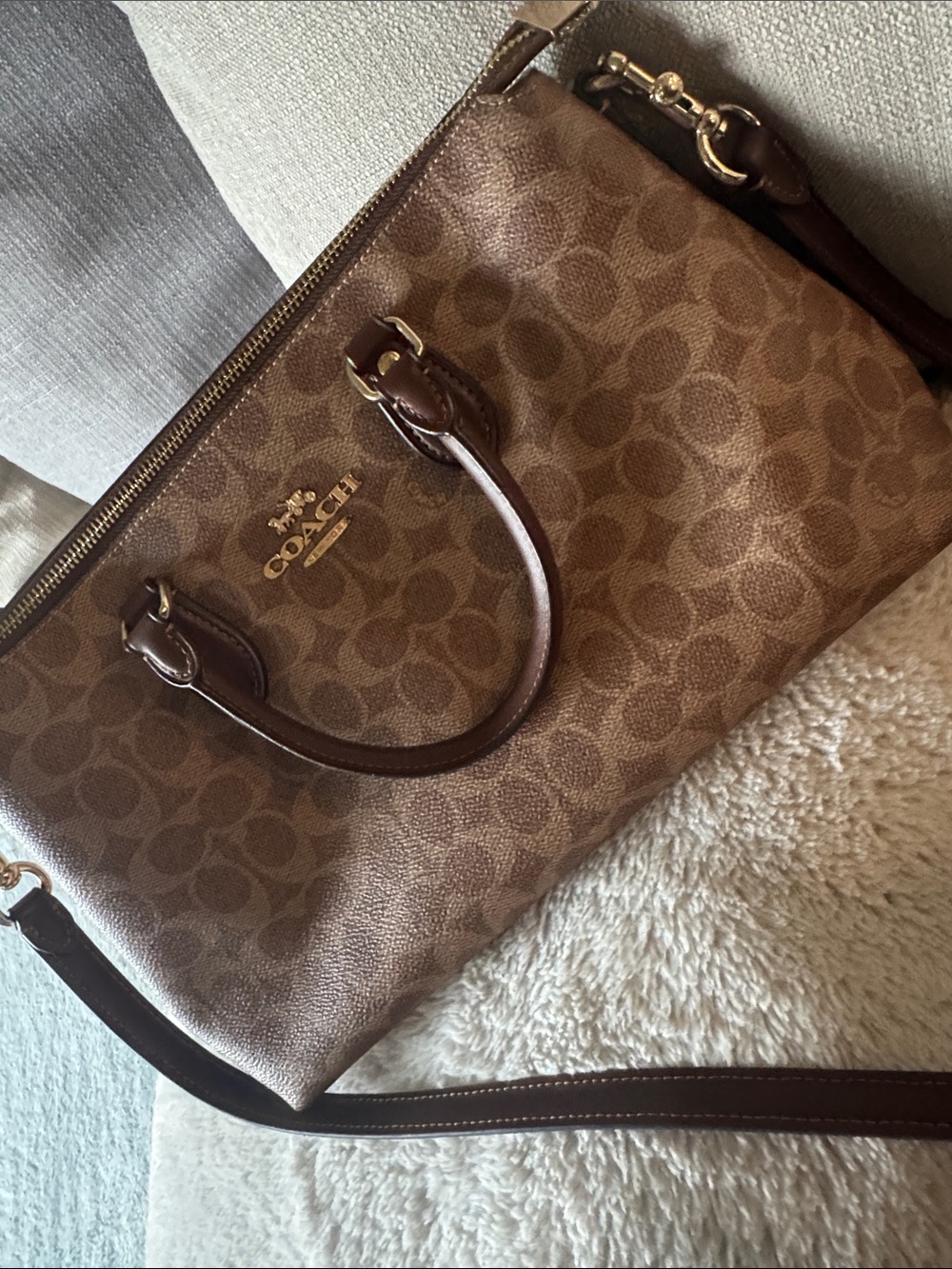 Coach Brown Signature Canvas Satchel with Dark Brown Leather Trim